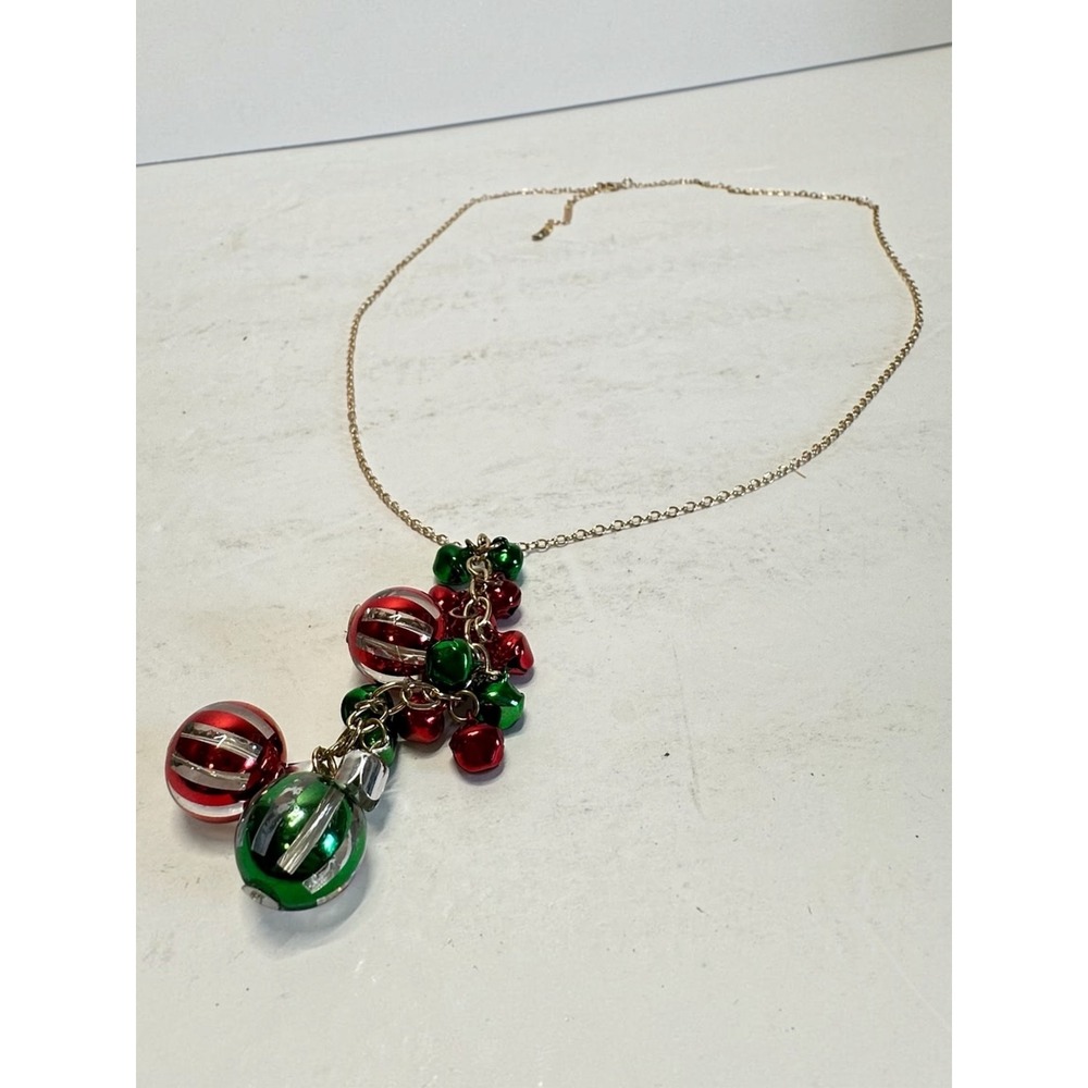 Christmas Ornament Drop Necklace 30" Red Green Bell Gold Tone